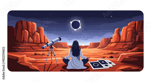 Woman observing a celestial event in a desert landscape.
