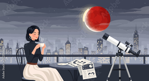 Woman observing a blood moon with a telescope from a city rooftop.