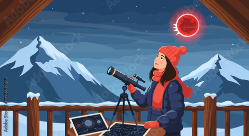 Woman observing a celestial event with a telescope from a snowy mountain cabin.