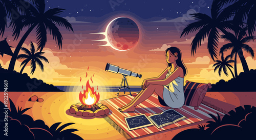 Woman observing a celestial event with a telescope on a beach.