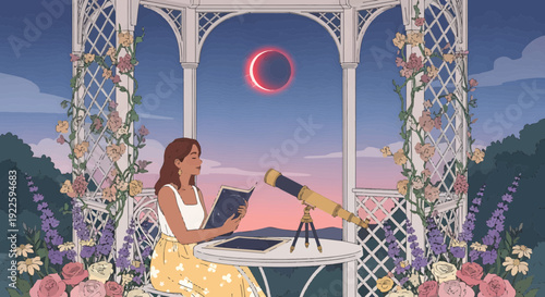 Woman observing a celestial event with a telescope.