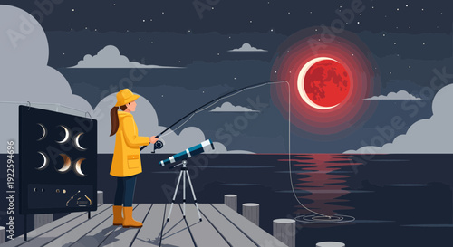 Woman observing a lunar eclipse with a telescope from a pier at night.