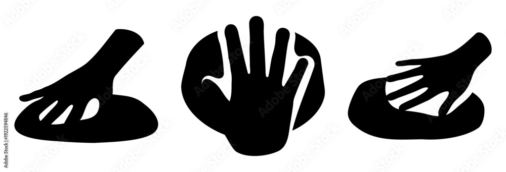Fototapeta premium Three Stylized Silhouettes of Hands Interacting with Dough or Clay