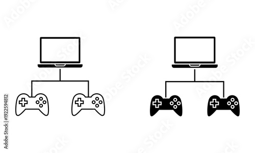 laptop connected to two game controllers for multiplayer gaming