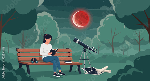 Woman observing lunar eclipse with telescope and reading a book.