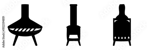 A Black and White Silhouette Illustration of Three Outdoor Fireplaces or Chimineas