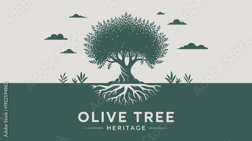 A stylized illustration of an olive tree with roots and clouds in a minimalist design