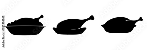 Monochrome depiction of three roasted turkeys or chickens, for Thanksgiving or Christmas