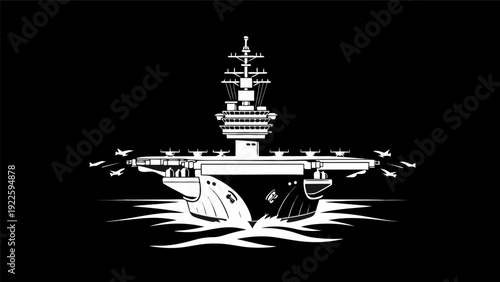 White Silhouette Aircraft Carrier with Fighter Jets and Helicopters on Black Background - Vector Illustration for Military Graphic Design