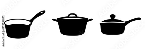 Black and White Kitchen Illustration of Cooking Pots and Pans with Lids