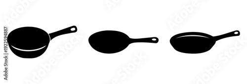 Three black silhouette drawings of cooking pans against a white background space