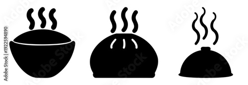 Silhouette Illustration of Three Types of Steaming Dumplings in Black and White