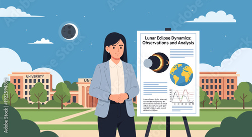 Woman presenting lunar eclipse dynamics observations and analysis poster.