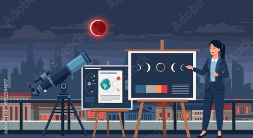 Woman presenting lunar eclipse phases with telescope and educational display.