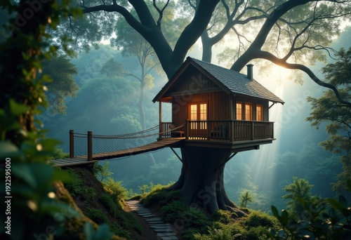Photos Enchanted Treehouse Cabin Surrounded by Lush Greenery and Rope Bridge Above Fore