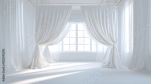 Bright airy and serene white studio interior featuring sheer flowing curtains framing a large grid window with natural sunlight casting soft shadows on the floor