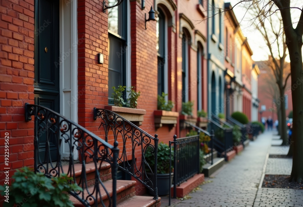 Fototapeta premium Red Brick Townhouse Historic District Iron Railings Charming Architecture Detail Vintage Elegance