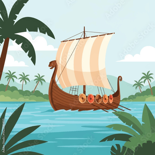 Viking Ship Sailing on Ocean Water.