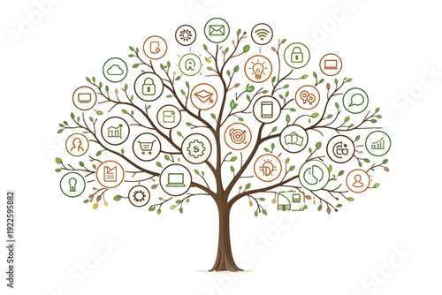 Abstract vector illustration of a seasonal tree design featuring branches with hearts and cherry blossoms, blending nature and art into a symbolic floral environment for spring or summer