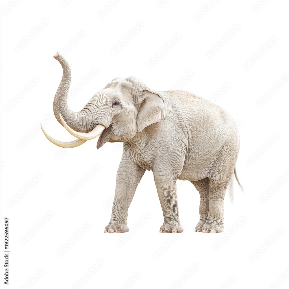 Obraz premium Majestic elephant standing gracefully with trunk raised, showcasing its magnificent features in a bright white background