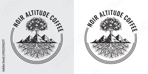 Noir Altitude Coffee Mountain and Rooted Tree Emblem