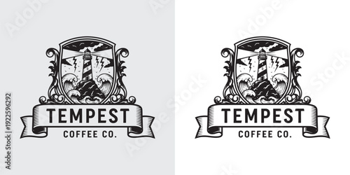 Tempest Coffee Co Lighthouse Stormy Sea Crest Logo