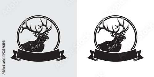 Elk Stag Profile Circle Badge with Blank Ribbon