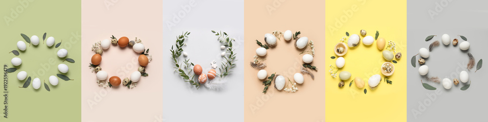Fototapeta premium Set of frames made of Easter eggs, leaves and flowers on color background, top view
