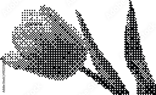 Minimalist black and white pixel art tulip flower with stem and dithered shading isolated