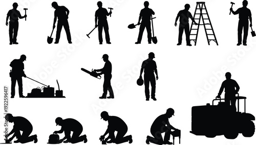 Construction worker silhouettes set, industrial building labor icons, manual tools equipment, professional contractors working, heavy machinery operation, renovation project development, architecture,
