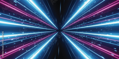 Futuristic Neon Speed Light Tunnel Background with Glowing Blue and Pink Laser Lines for Sci Fi Technology, Warp Speed, Cyberpunk and Digital Motion Design