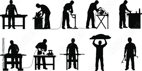 Carpenter silhouettes set, professional woodworker workshop workbench, industrial manual labor, craftsmanship icons, furniture manufacturing process, timber cutting tools, renovation project,