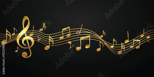 Golden Musical Notes Flowing on Staff with Treble Clef Elegant Black Background for Luxury Music Themes Concert Designs and Creative Melody Projects