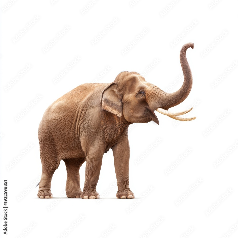 Obraz premium Majestic Asian Elephant Standing Gracefully with Trunk Raised Against a Clean White Background