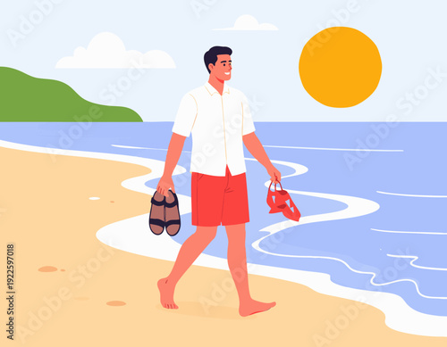 Flat vector illustration of casual man walking barefoot along the shoreline