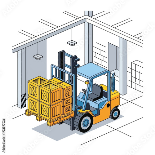Forklift with a wooden crate load.