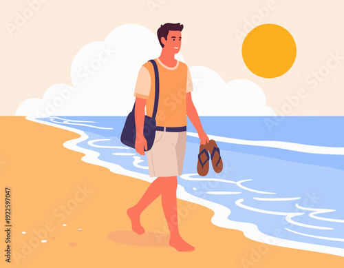 Flat vector illustration of casual boy walking barefoot along the shoreline