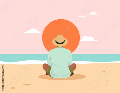 Flat vector illustration of man sitting on sand watching sunset over ocean