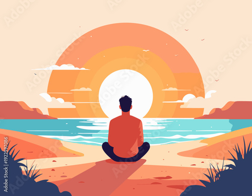 Flat vector illustration of person sitting on sand watching sunset over ocean