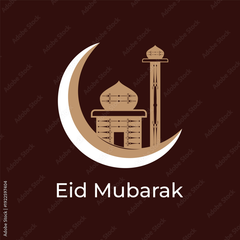 Naklejka premium Eid Mubarak Greeting with Crescent Moon and Mosque