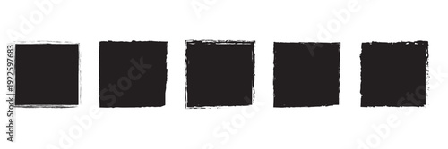 Set of Black Grunge Square Brush Frames. Collection of six rough black square brush stroke frames isolated on white background, ideal for grunge designs, posters, and social media templates.
