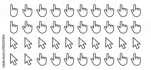 Large array of outlined hand and arrow cursor icons demonstrating various pointing gestures