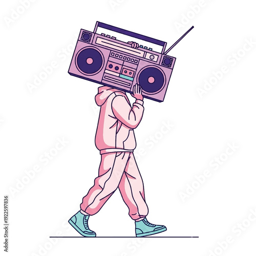 Person carrying large pink boombox.