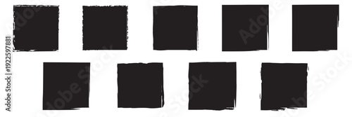 Set of Black Grunge Square Brush Frames. Collection of six rough black square brush stroke frames isolated on white background, ideal for grunge designs, posters, and social media templates.