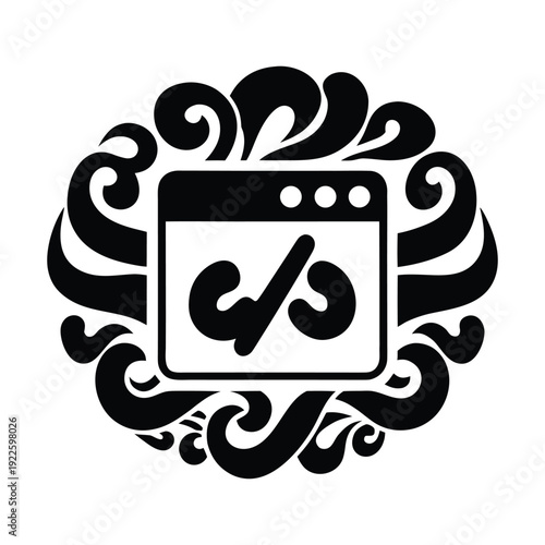 Elegant monochrome web browser icon with ornate border for premium interface design, vintage style and decorative UI concept