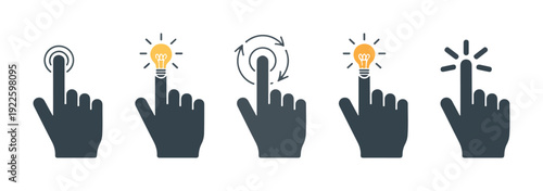 Creative touch gesture concept icons with light bulb idea symbols for interactive innovation and smart tech