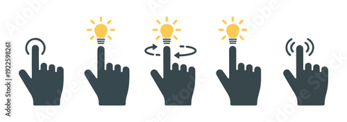 Set of vector illustrations for various hand gestures in black and white, including click, tap, idea, rotate, and double tap