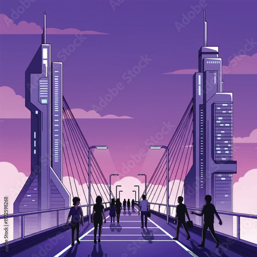 People Walking on City Bridge.