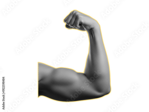 Man flexing biceps halftone collage. Trendy retro halftone collage element on transparent background.