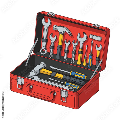 Red toolbox with assorted tools inside.